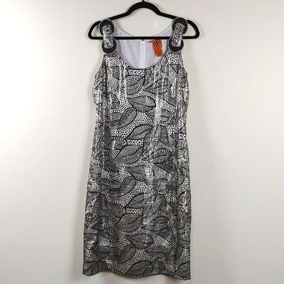 Tory Burch Metallic Leaf Print Silk Sheath Dress Size 8 - Picture 11 of 11